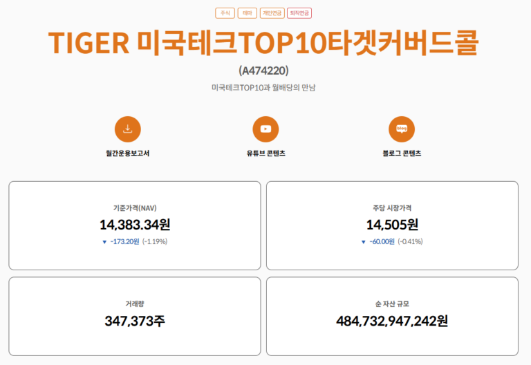 TIGER 미국테크TOP10타겟커버드콜 : 소개 투자 포인트 운용성과 배당 구조 구성종목 등