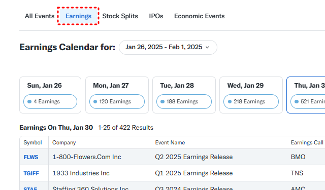 Earnings 항목을 선택하면 날짜별 실적 발표 기업 목록을 확인 가능